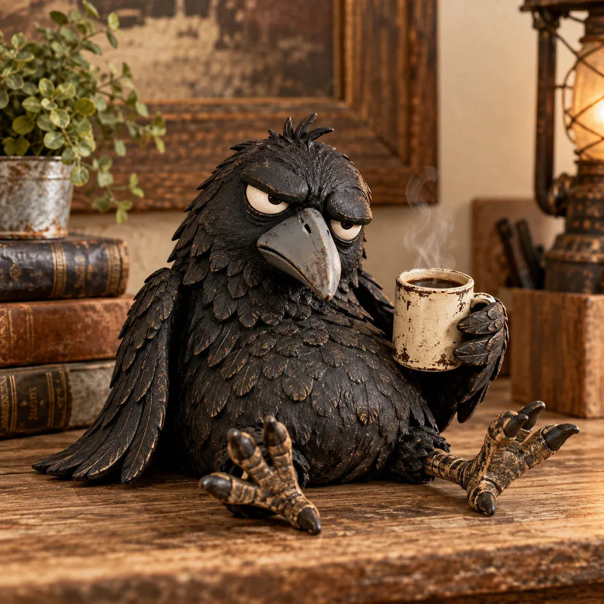π€ Rustic Vintage Raven Figurine with Coffee Mug β Grumpy Crow Farmhouse Tabletop Decor