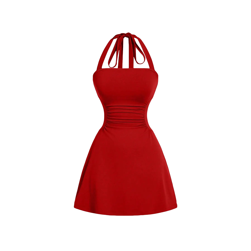 Women's Plain Ruched Tie Back Halter Neck Dress, Casual Chic Sleeveless A Line Short Dress👗