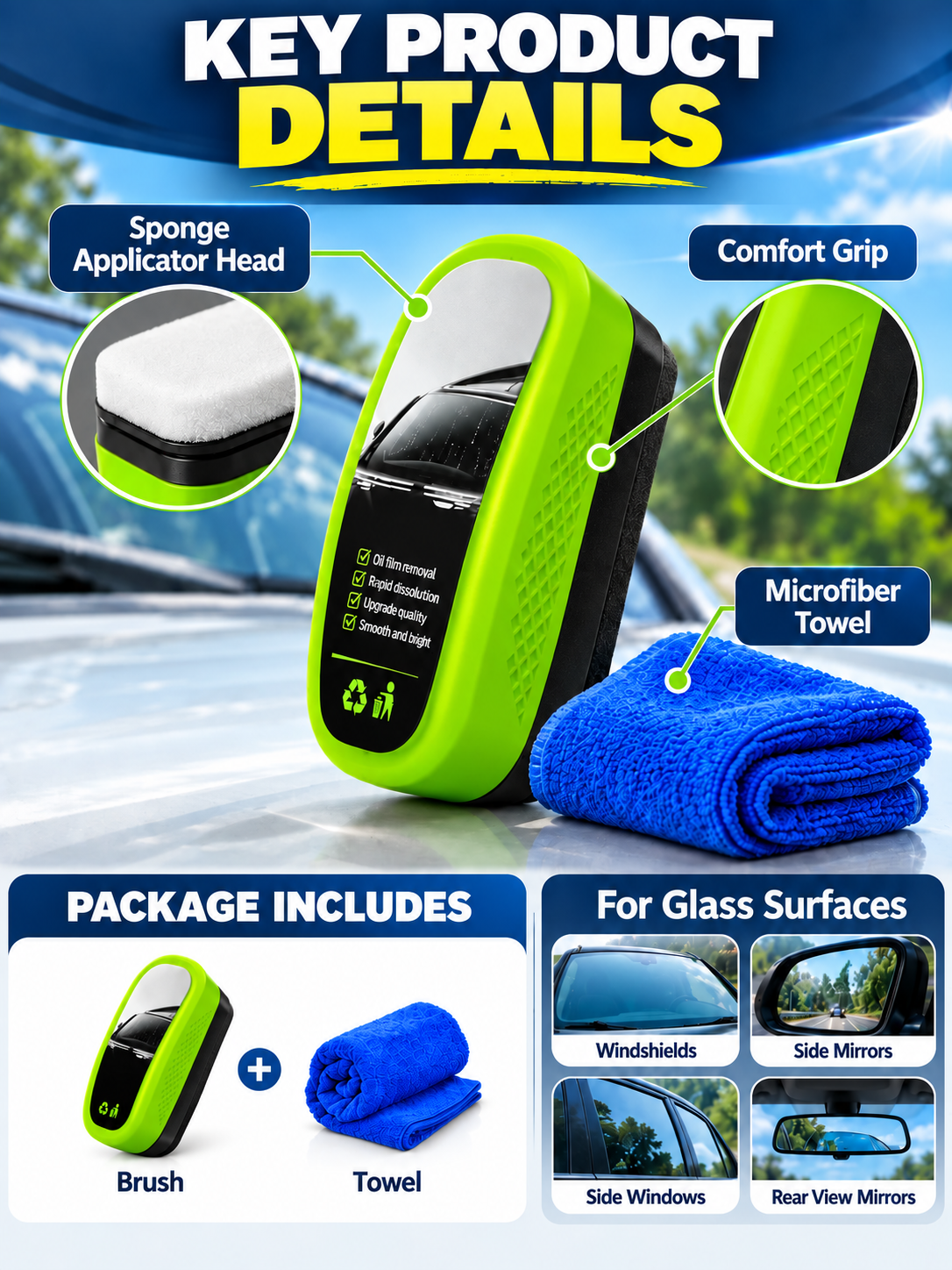 ๐ Car Care Deal โ Windshield Glass Cleaning Pad โจ Oil-Film Removing Brush for Clearer, Rain-Resistant Auto Glass ๐ง