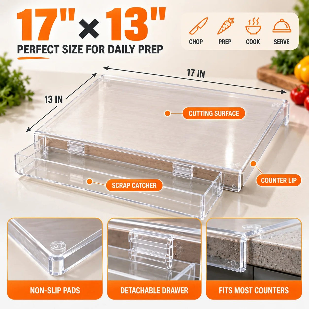 ๐ 50% OFF๐ช Acrylic Cutting Boardโจ Built-In Waste Container & Counter Lip