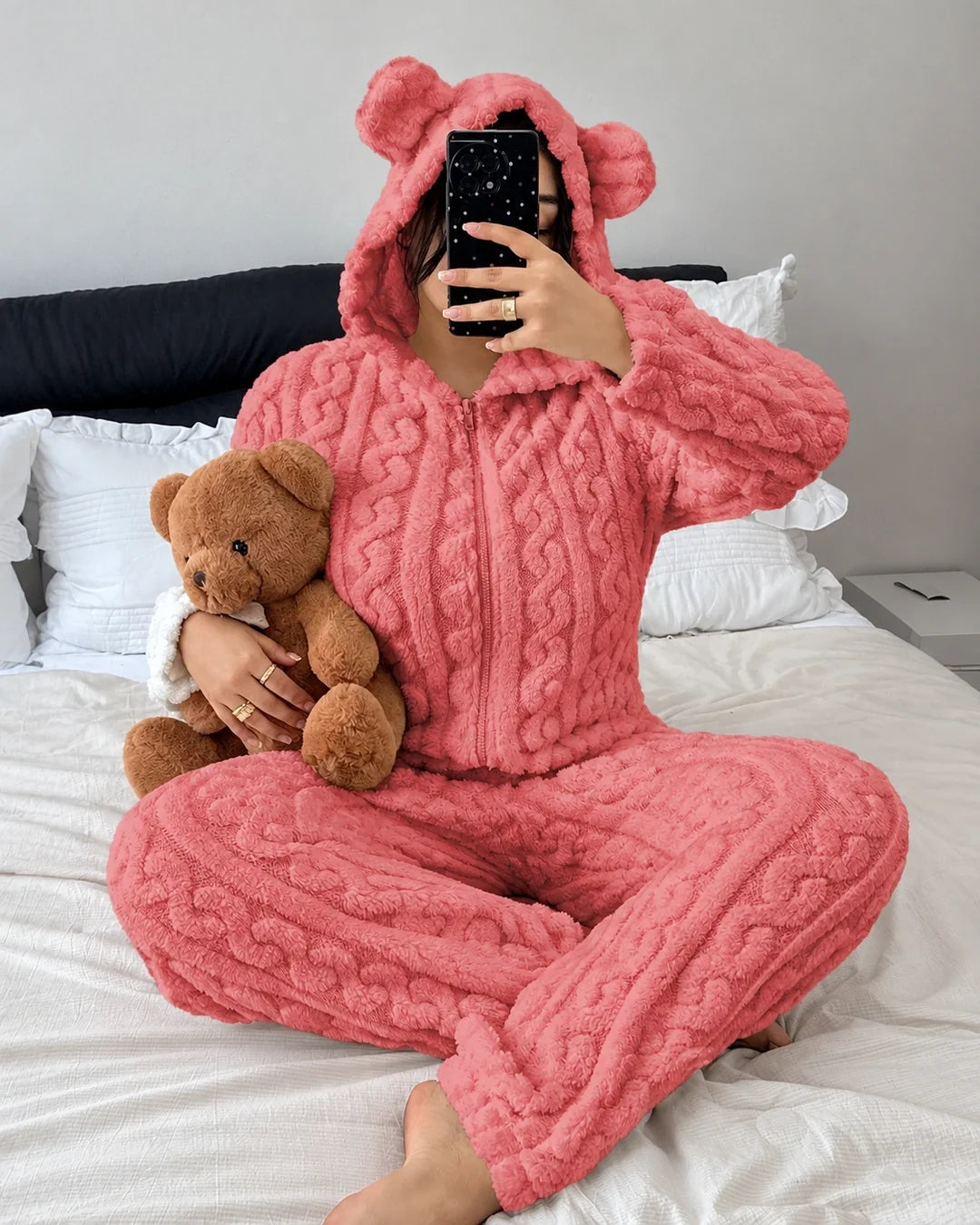 Women's Bear Ear Hooded Fleece Onesie Pajamas