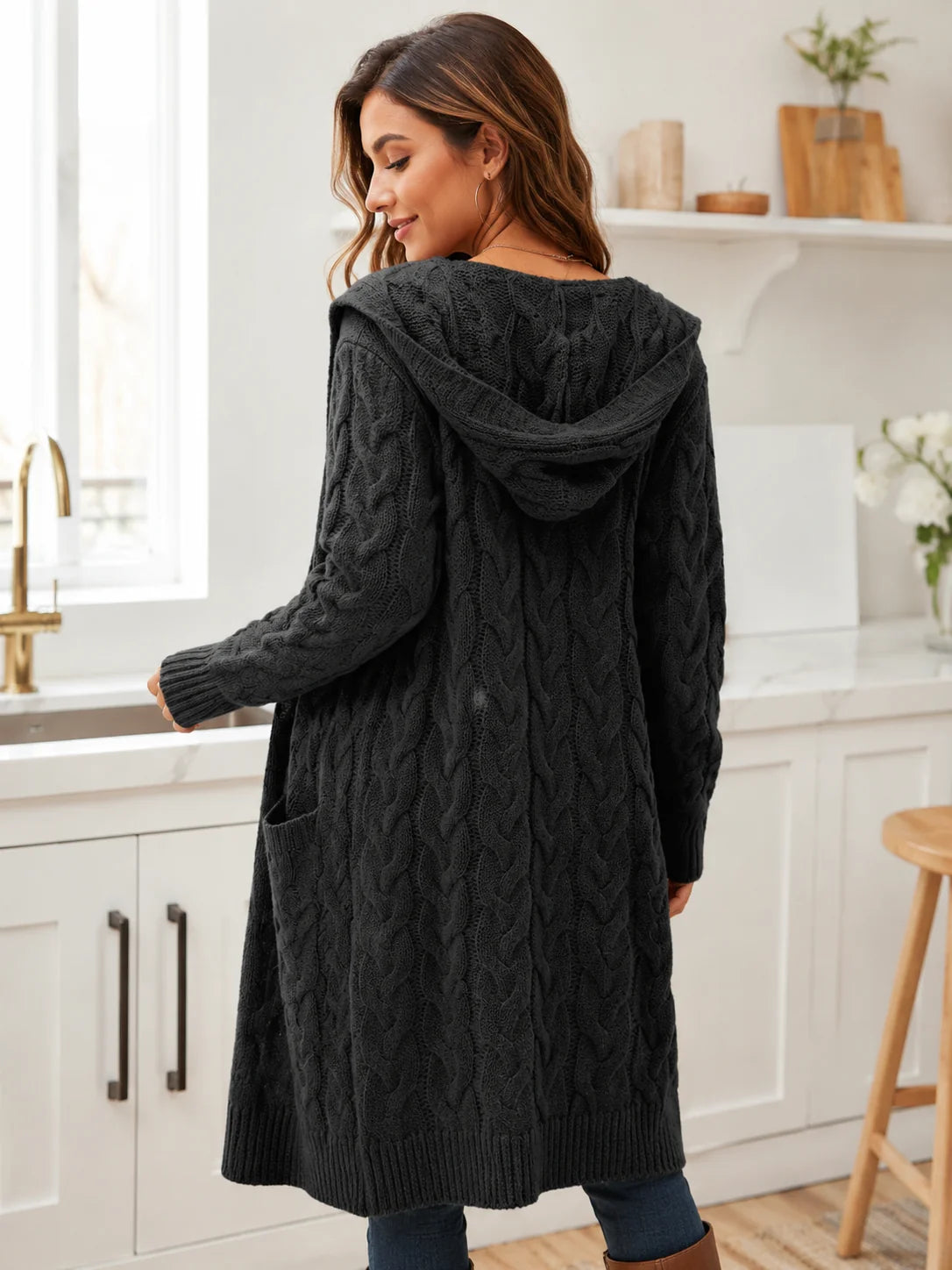 Women’s Long Hooded Cable-Knit Cardigan