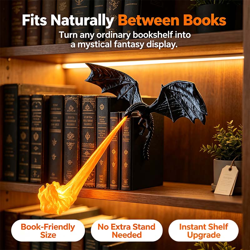 Dragon Flame Book Nook with Light | 3D Printed Mystical Dragon Bookshelf Decor