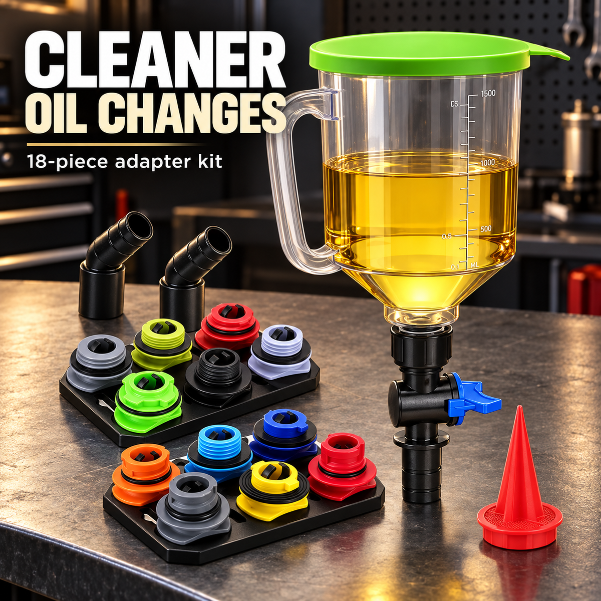 18-piece engine oil funnel kit with color-coded adapters