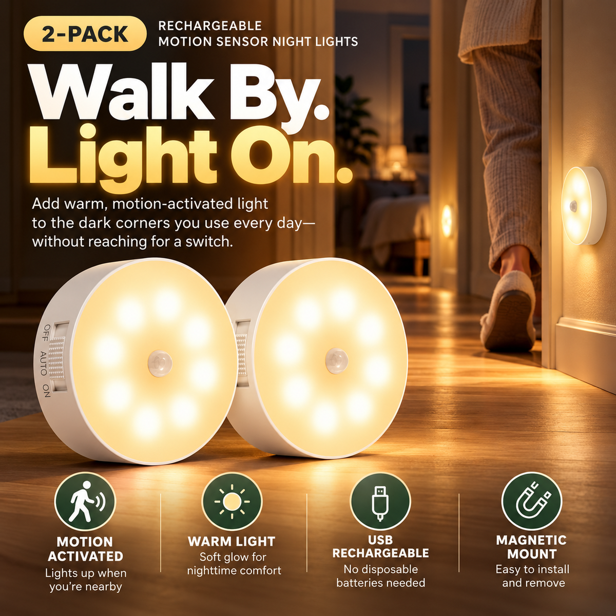 🧲 Magnetic Motion Sensor Night Light 2-Pack – USB Rechargeable Closet & Hallway Lights