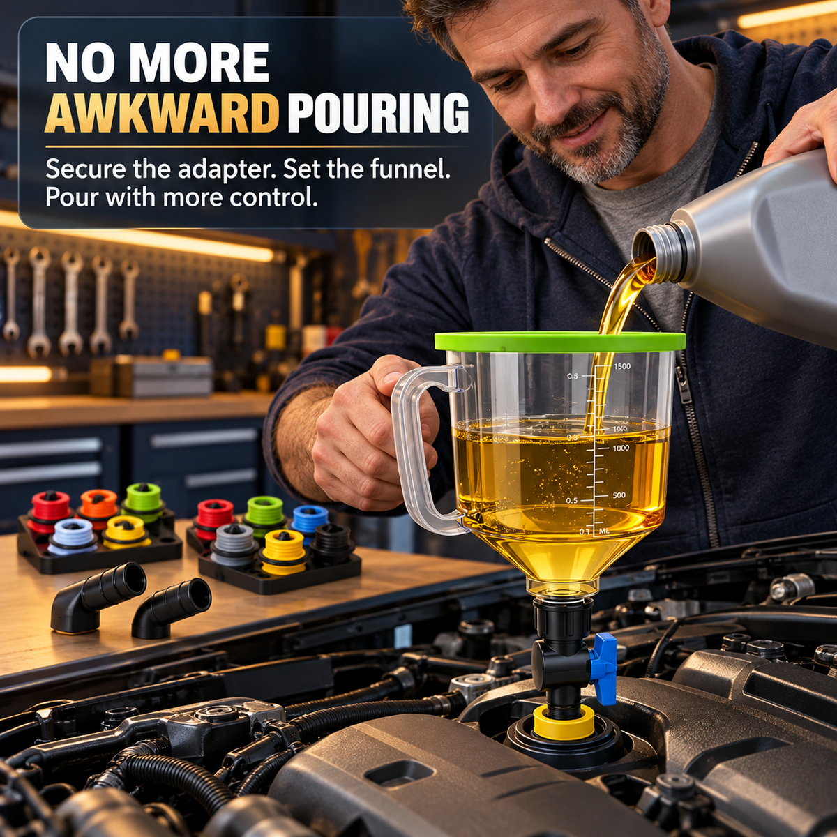 Motor oil being poured into a funnel seated at an engine oil filler port