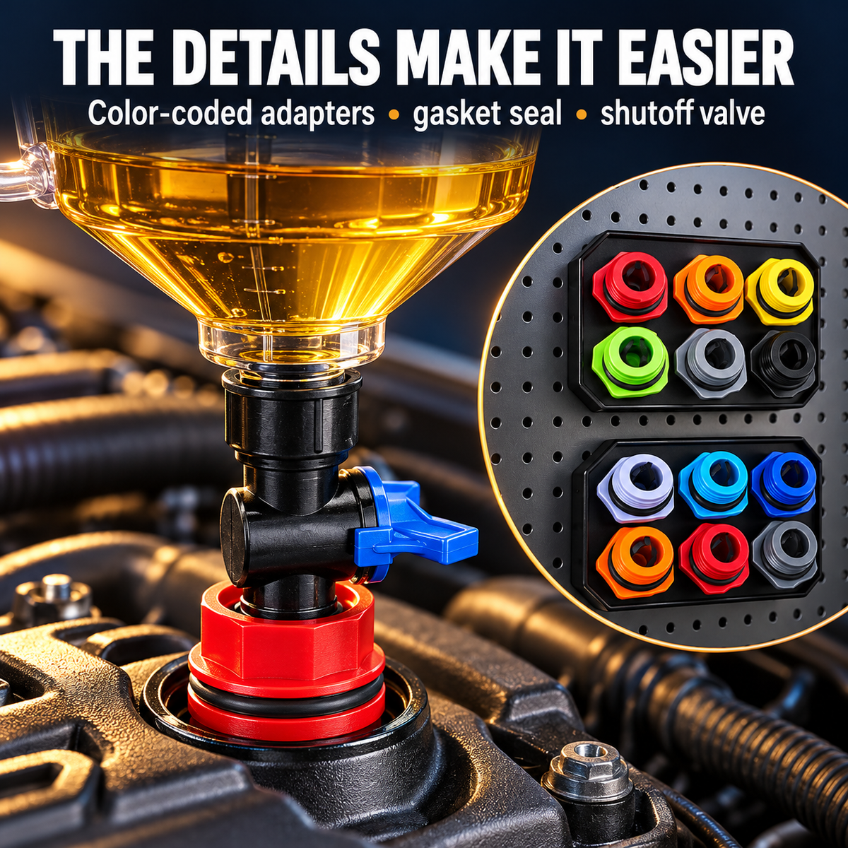Close-up of color-coded adapter, gasket and blue shutoff valve