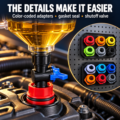 Close-up of color-coded adapter, gasket and blue shutoff valve