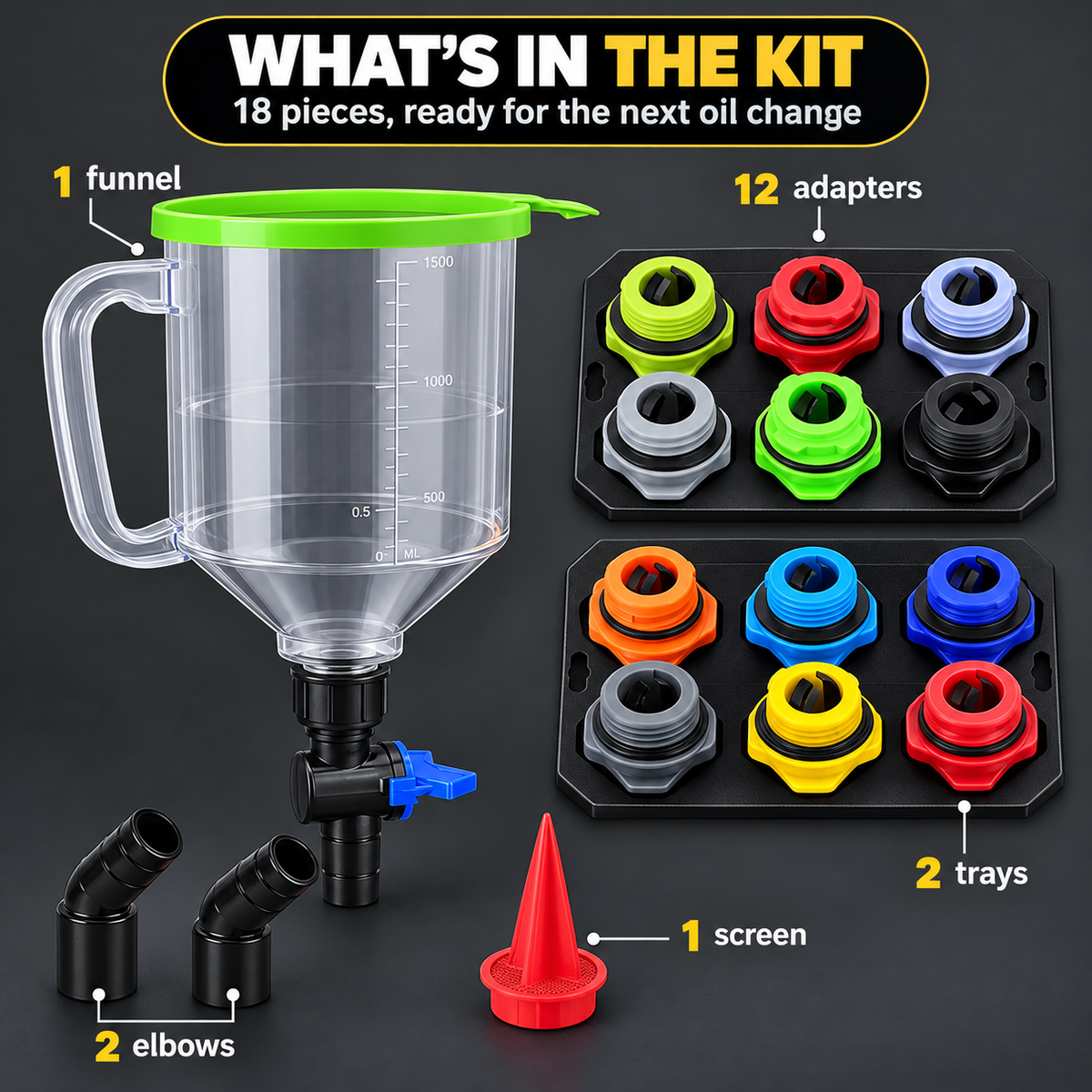 Contents of the 18-piece engine oil funnel kit