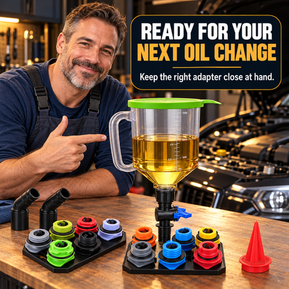 Garage enthusiast with engine oil funnel kit