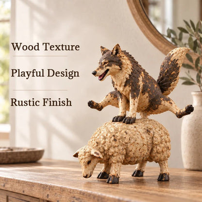 🐺Lustige Figur: Wolf reitet auf einem Schaf🐑 | Rustikale Tierstatue im Landhausstil