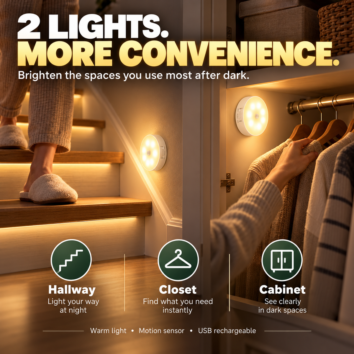 🧲 Magnetic Motion Sensor Night Light 2-Pack – USB Rechargeable Closet & Hallway Lights