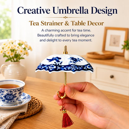 Elegant Blue & White Umbrella Tea Strainer Set☂️