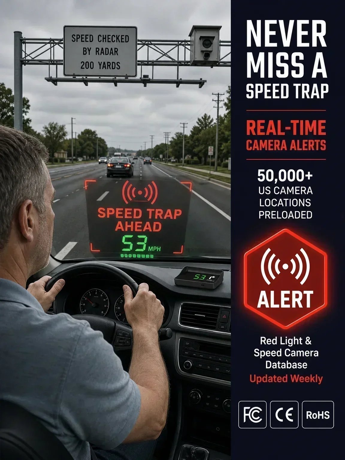 🚗Head-Up Display Car GPS Digital Speedometer – Traffic Light Countdown & Red Light Camera Alert HUD, Universal Driver Safety Warning Device to Avoid Tickets for City Driving