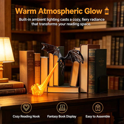 Dragon Flame Book Nook with Light | 3D Printed Mystical Dragon Bookshelf Decor