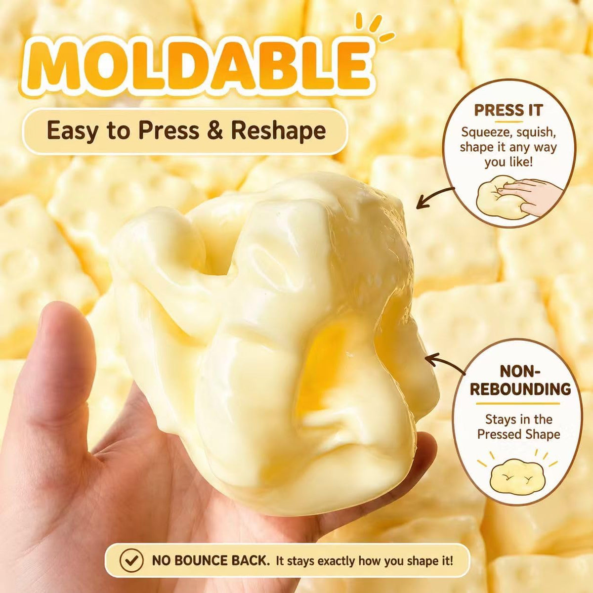 Cheese Cube Squishy Toy, Soft Moldable Petroleum Jelly-Filled Squeeze Ball 🧀