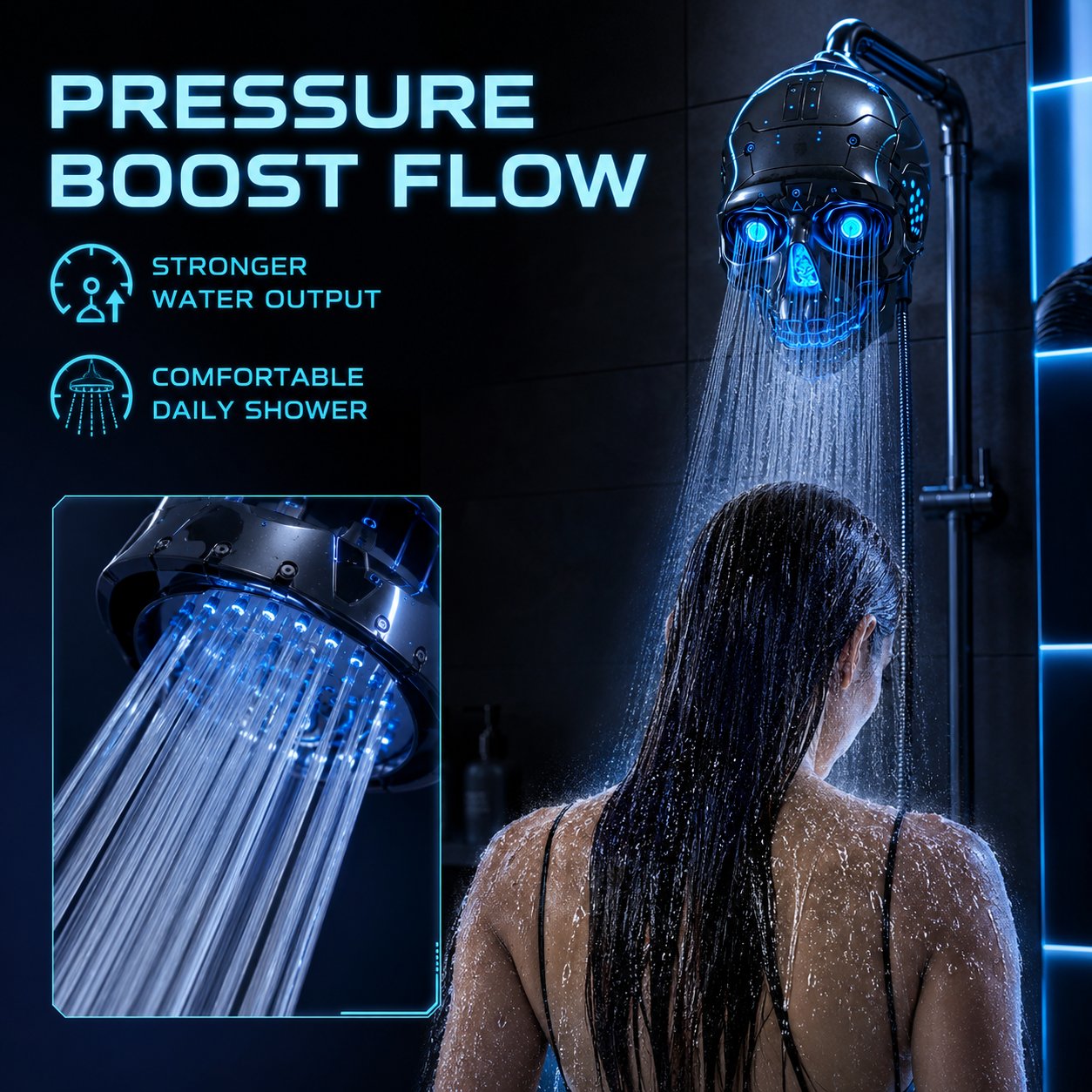🚿👾Cyber Mecha Skull Color Changing LED Pressure Boost Shower Head