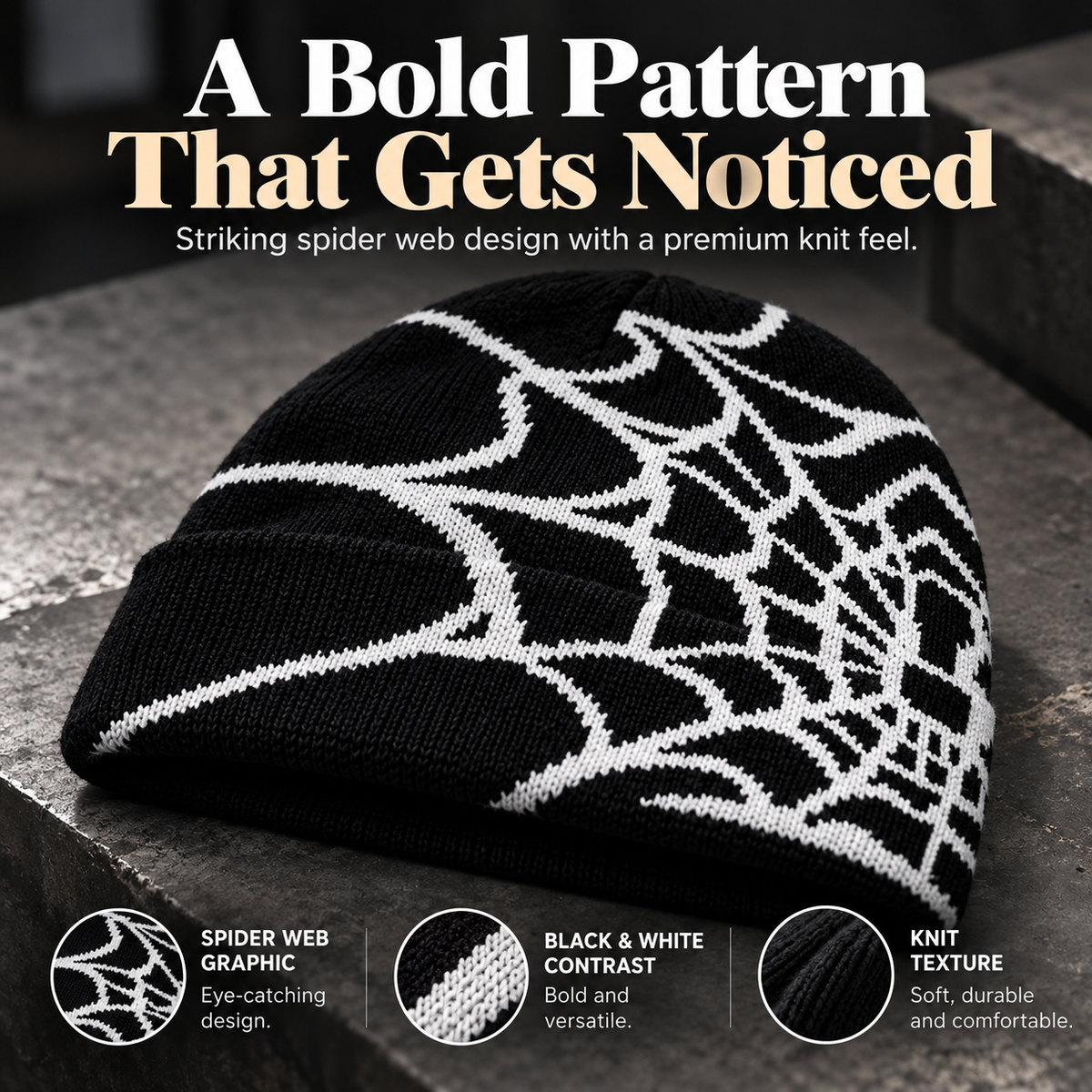 🕸️ SpiderWeb Gothic Knit Beanie – Y2K Streetwear Hat with Bold Spider Web Design