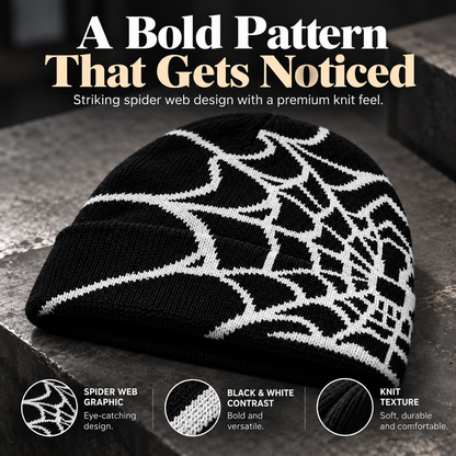 🕸️ SpiderWeb Gothic Knit Beanie – Y2K Streetwear Hat with Bold Spider Web Design