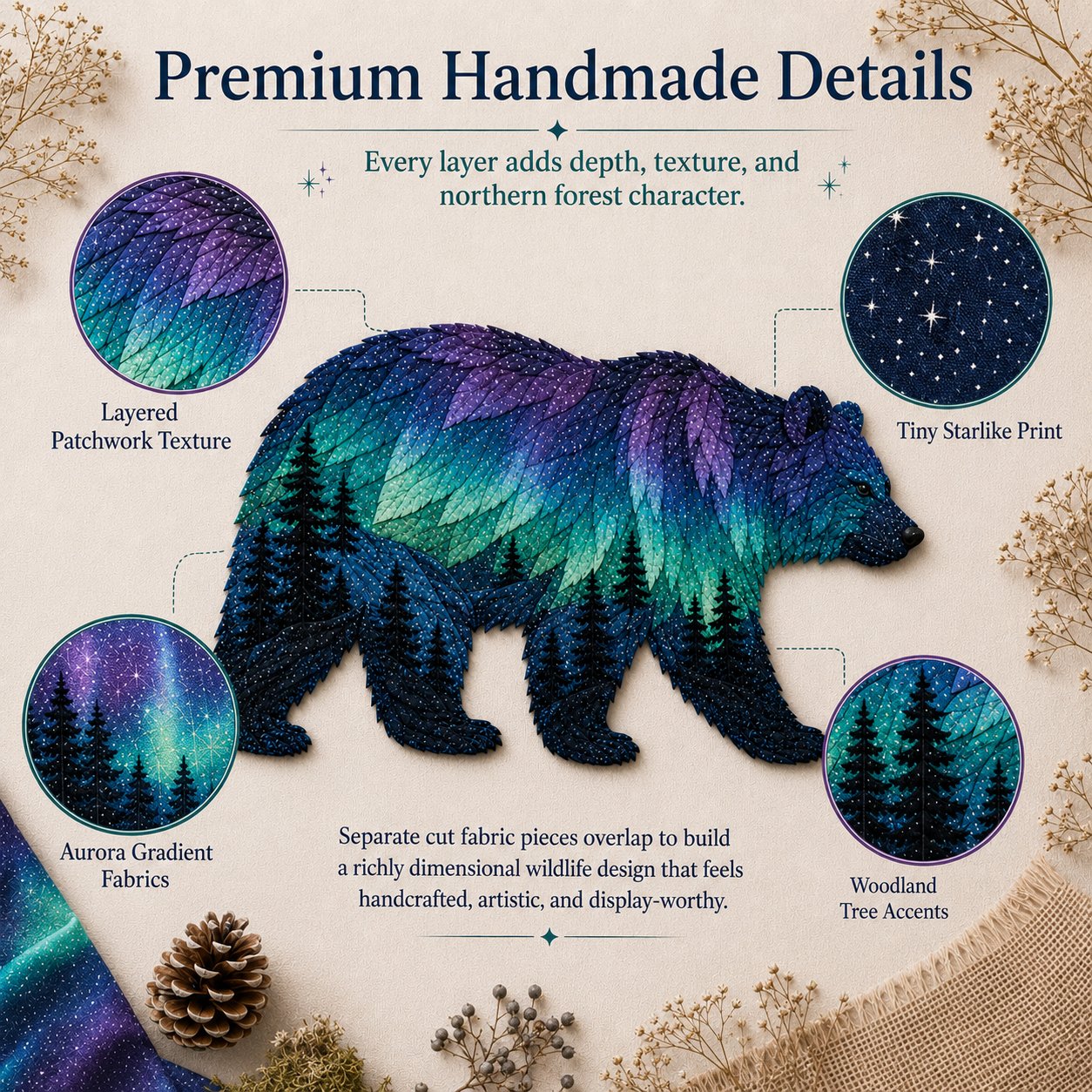 🔥HOT SALES 50% OFF - 🐻Northern Lights Wildlife DIY Patchwork Kit | Aurora Layered Fabric Art, Beginner Sewing Decor & Handmade Nature Gift