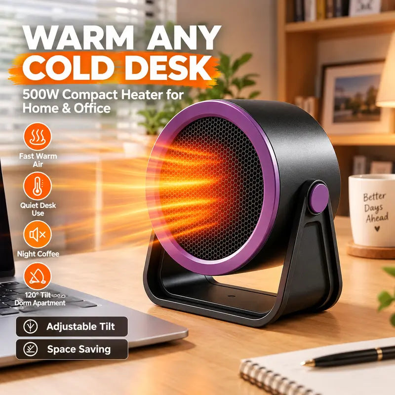 🔥 500W Compact Desk Heater — Adjustable Warmth for Cozy Workdays