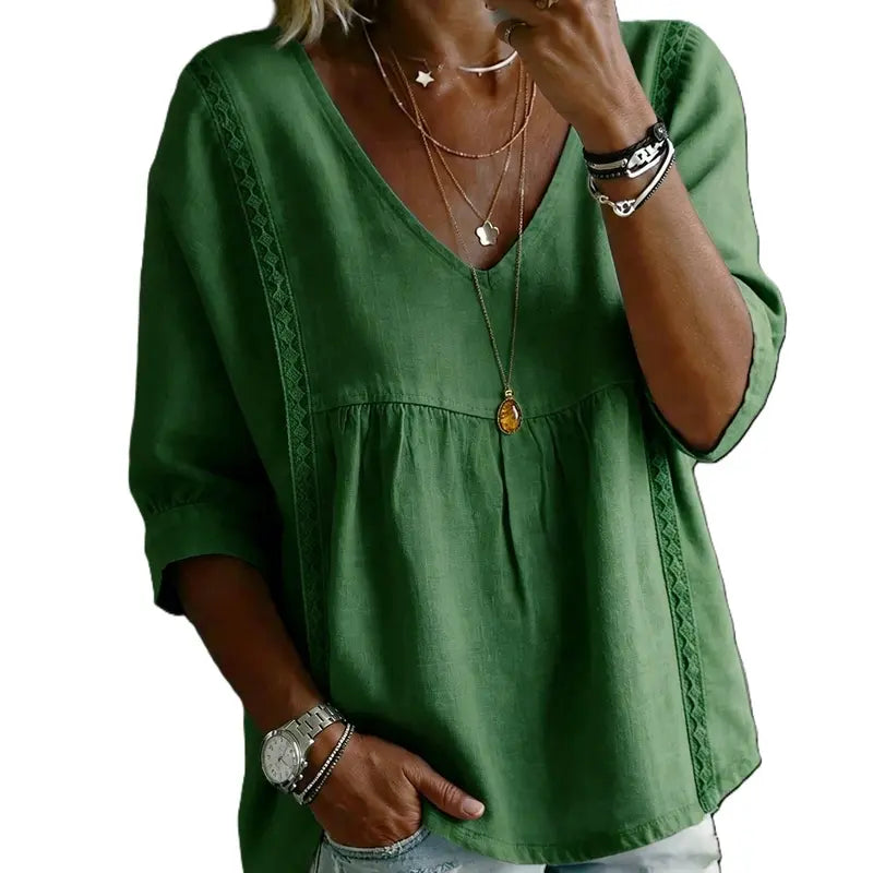 Women's Chic Loose-Fit V-Neck Lace Blouse, 3/4-Length Puff Sleeves, Side Lace Cut-Out Details👚