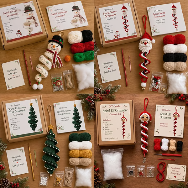 ☃️ Crochet Snowman Spiral Ornament DIY Kit | Complete Beginner-Friendly Set with Soft Yarn, Crochet Hook, Festive Beads, Snowflakes & Step-by-Step Guide 🧶🎄✨