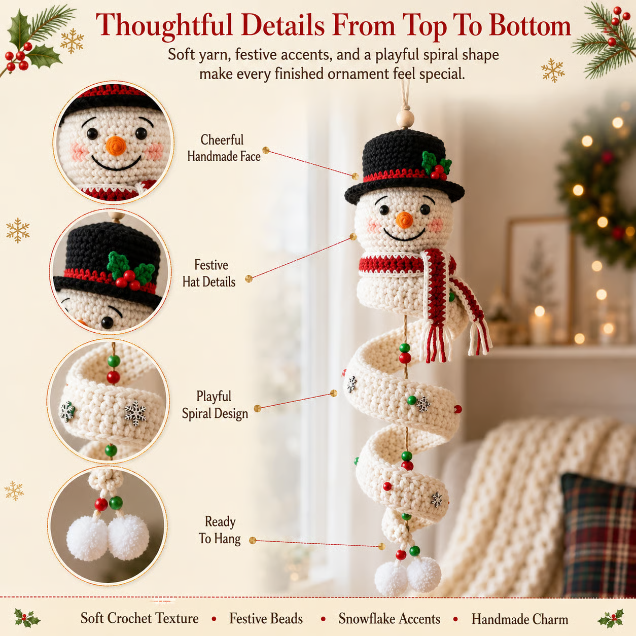 ☃️ Crochet Snowman Spiral Ornament DIY Kit | Complete Beginner-Friendly Set with Soft Yarn, Crochet Hook, Festive Beads, Snowflakes & Step-by-Step Guide 🧶🎄✨