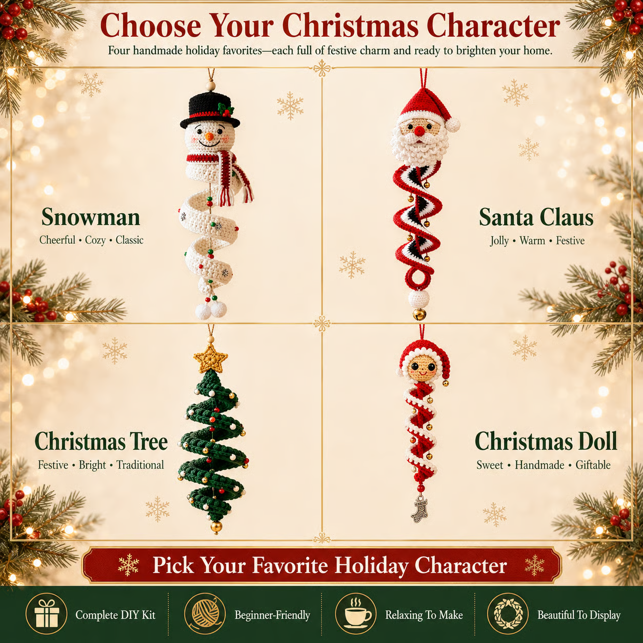 ☃️ Crochet Snowman Spiral Ornament DIY Kit | Complete Beginner-Friendly Set with Soft Yarn, Crochet Hook, Festive Beads, Snowflakes & Step-by-Step Guide 🧶🎄✨