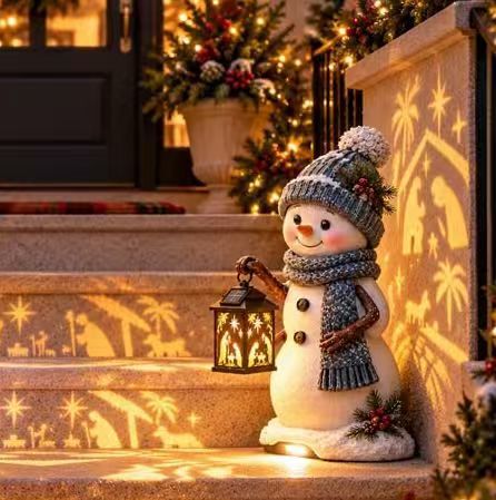 ⛄️🎄Snowman Nativity Glow™ – Solarbetriebene Weihnachts-Stufenleuchte mit Projektion der Heiligen Familie🌙