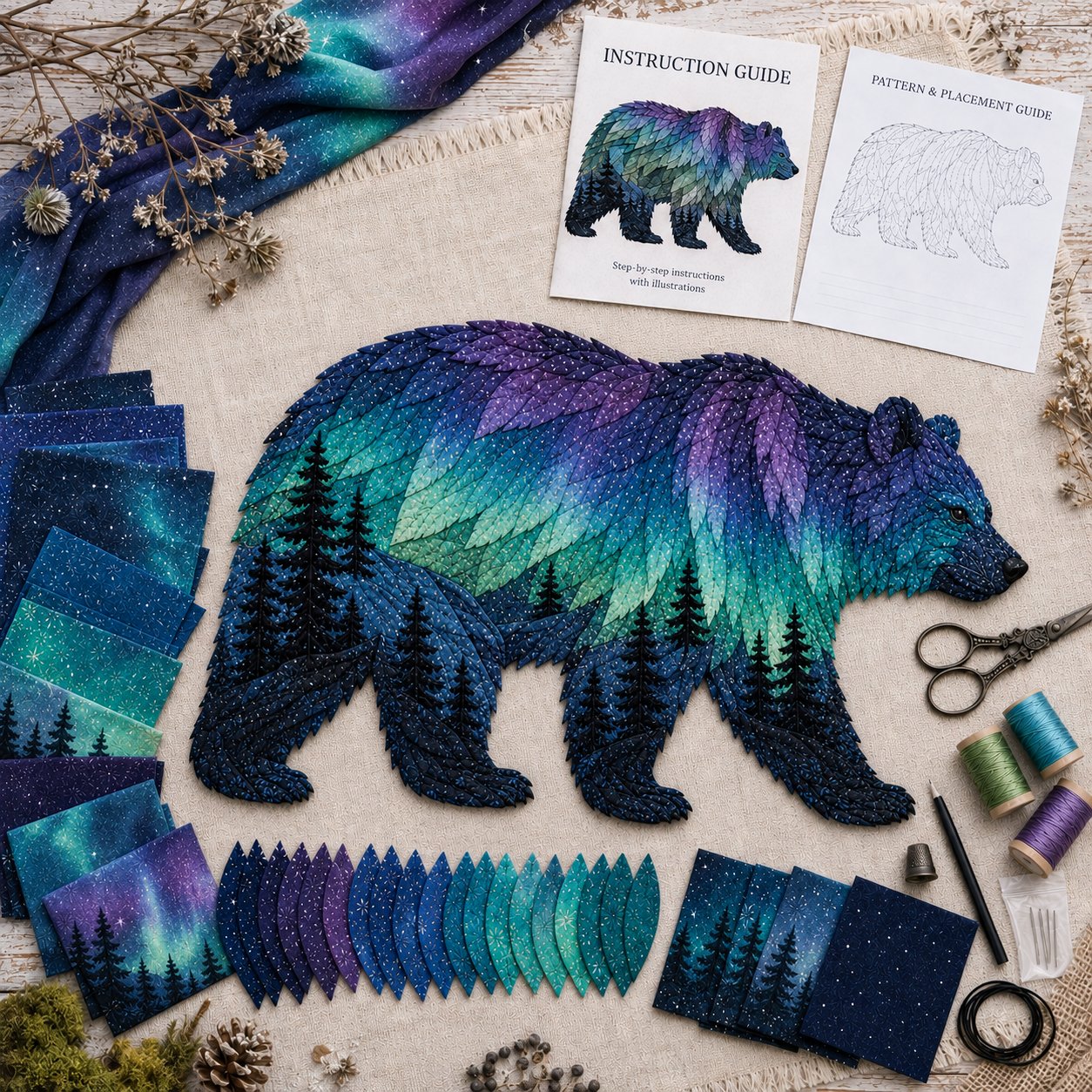🔥HOT SALES 50% OFF - 🐻Northern Lights Wildlife DIY Patchwork Kit | Aurora Layered Fabric Art, Beginner Sewing Decor & Handmade Nature Gift
