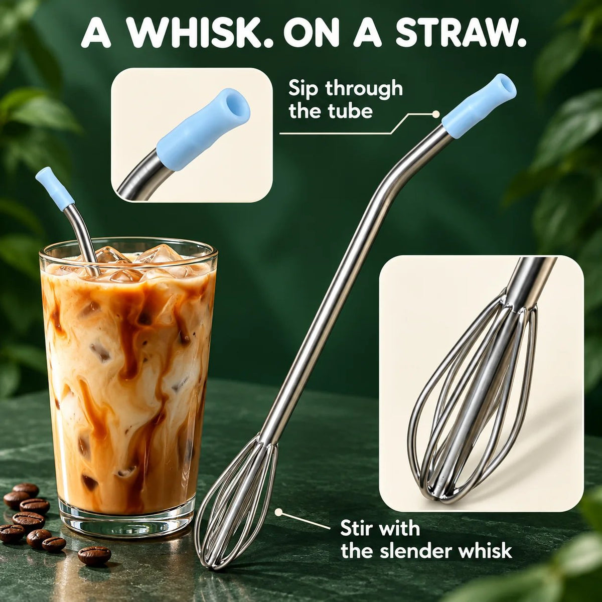 🥤 2 PACK 2-in-1 Stainless Steel Whisk Straw | Mix & Sip (24oz Cup Size)