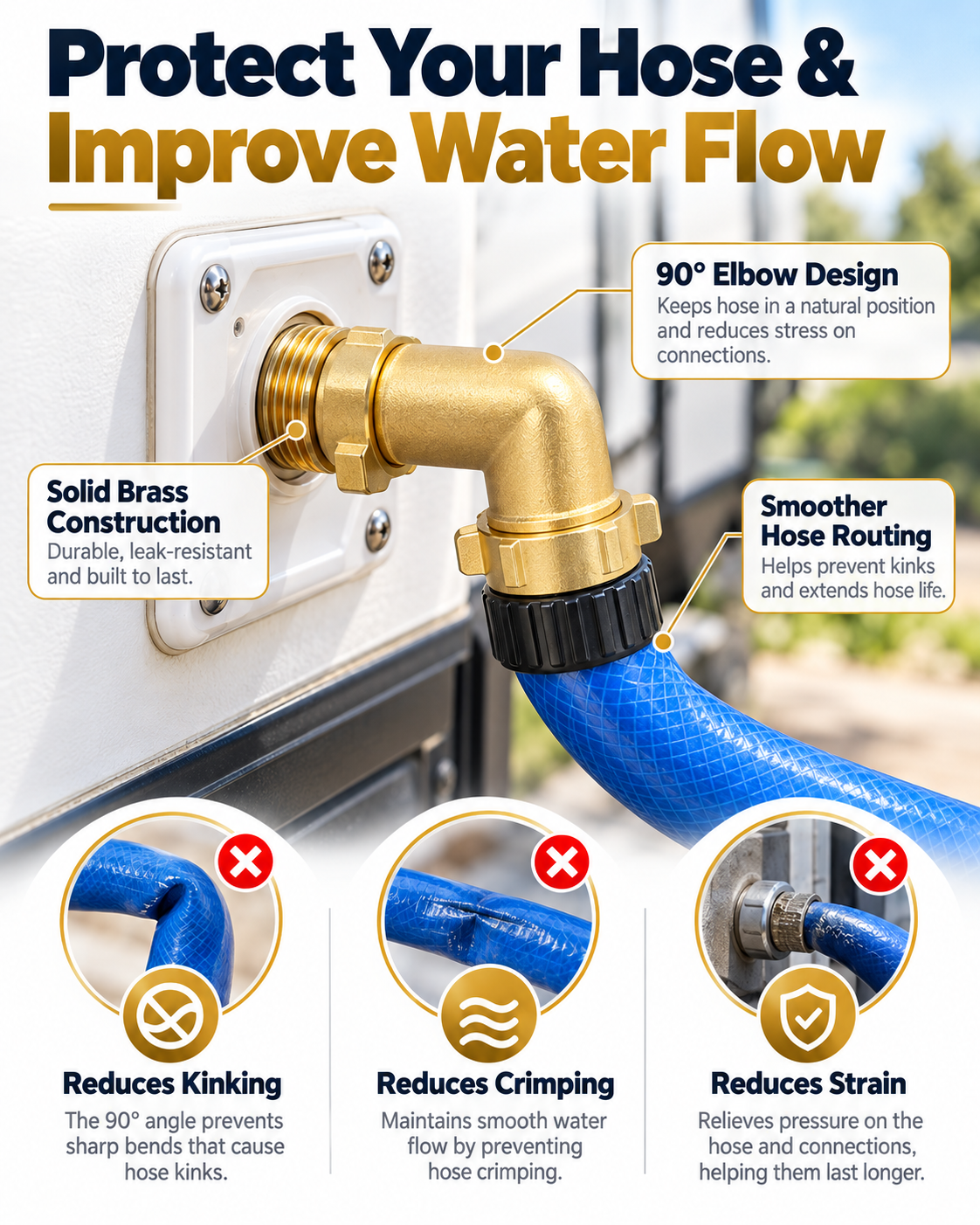 90° Brass Hose Elbow Connector 2-Pack – 3/4 - 11 1/2 NH connections , Lead-Free Solid Brass, Easy-Grip RV Water Hose Adapter for Outdoor Faucets