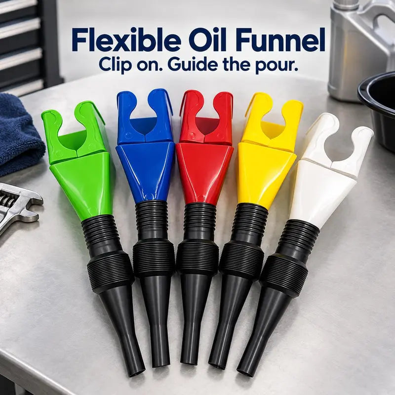 🛢️ Clip-On Flexible Oil Funnel — Reach Awkward Fill Openings with Less Mess
