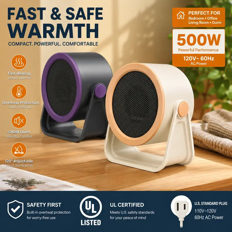 🔥 500W Compact Desk Heater — Adjustable Warmth for Cozy Workdays