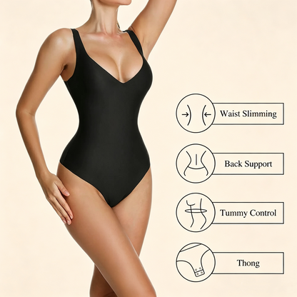 Seamless Plunge Thong Bodysuit – Tummy Control & Adjustable Straps