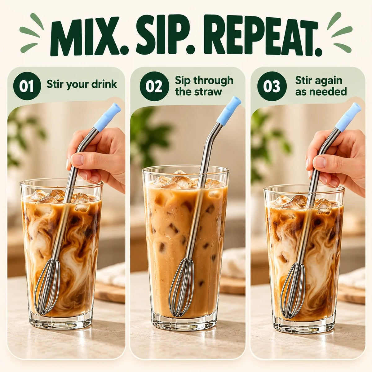 🥤 2 PACK 2-in-1 Stainless Steel Whisk Straw | Mix & Sip (24oz Cup Size)