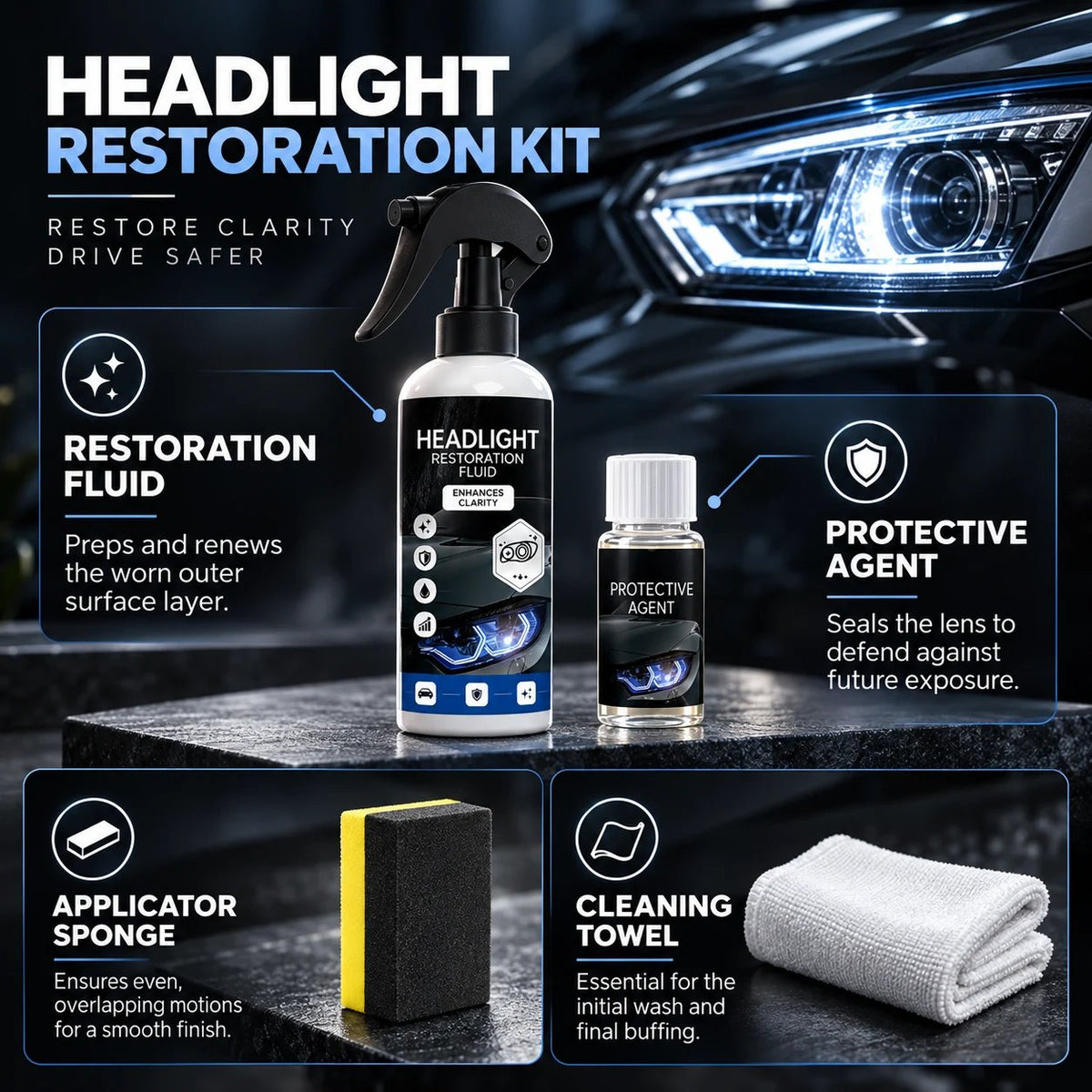 🚗 Automotive Headlamp Restoration Fluid, Clears Oxidation, Yellowing & UV Protection