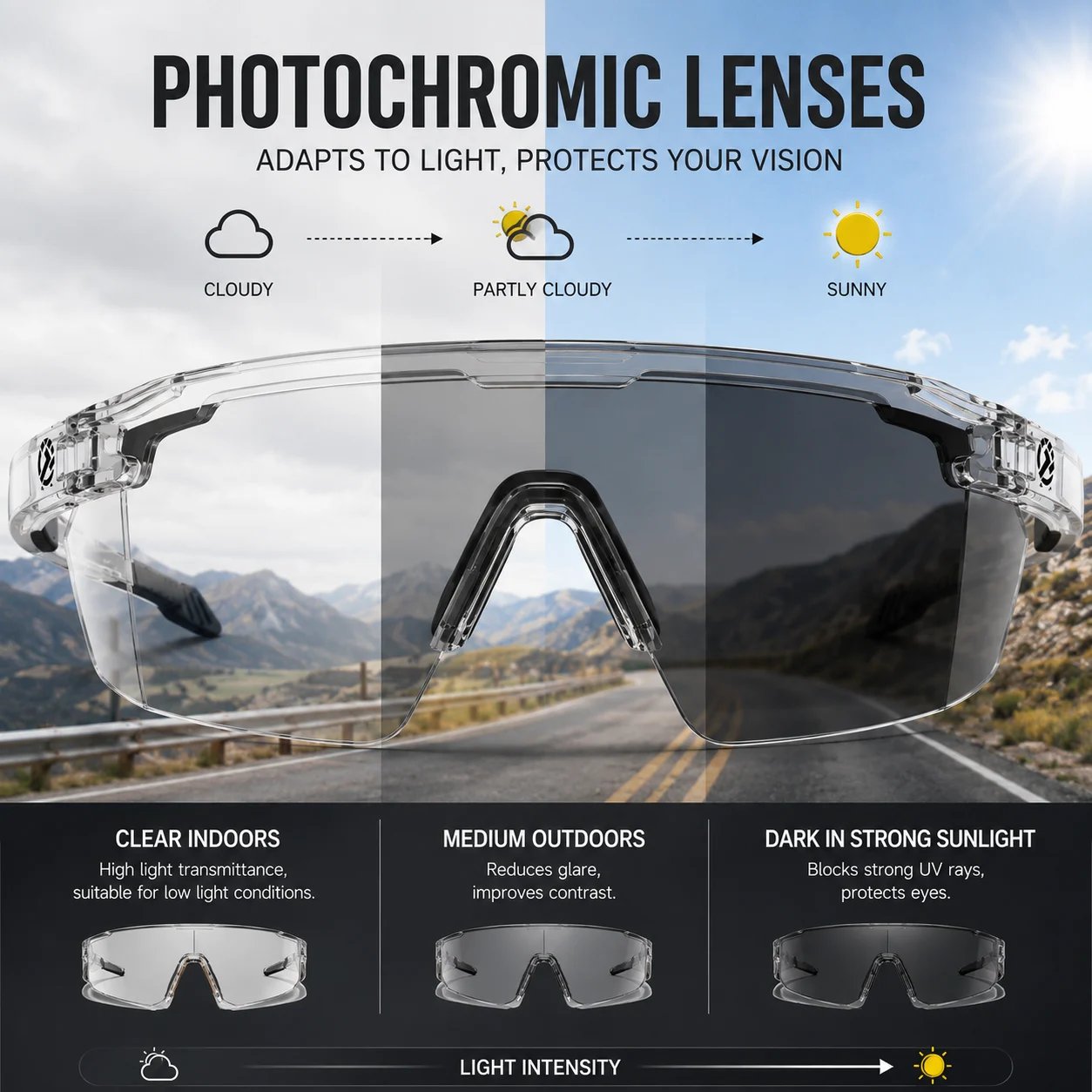 Photochromic Polarized Safety Glasses: UV400 Impact-Resistant Sports & Work Eyewear