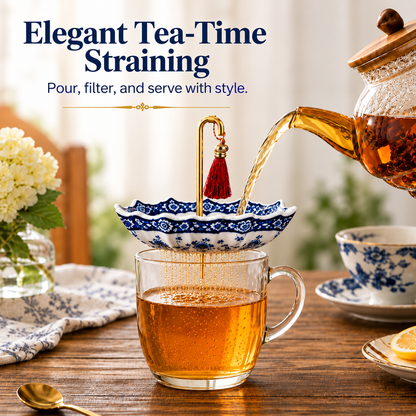 Elegant Blue & White Umbrella Tea Strainer Set☂️
