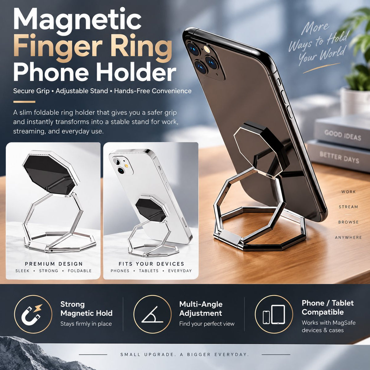 Octagonal Foldable Metal Phone Ring Stand | Magnetic Car Mount Compatible