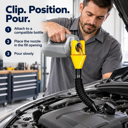 🛢️ Clip-On Flexible Oil Funnel — Reach Awkward Fill Openings with Less Mess