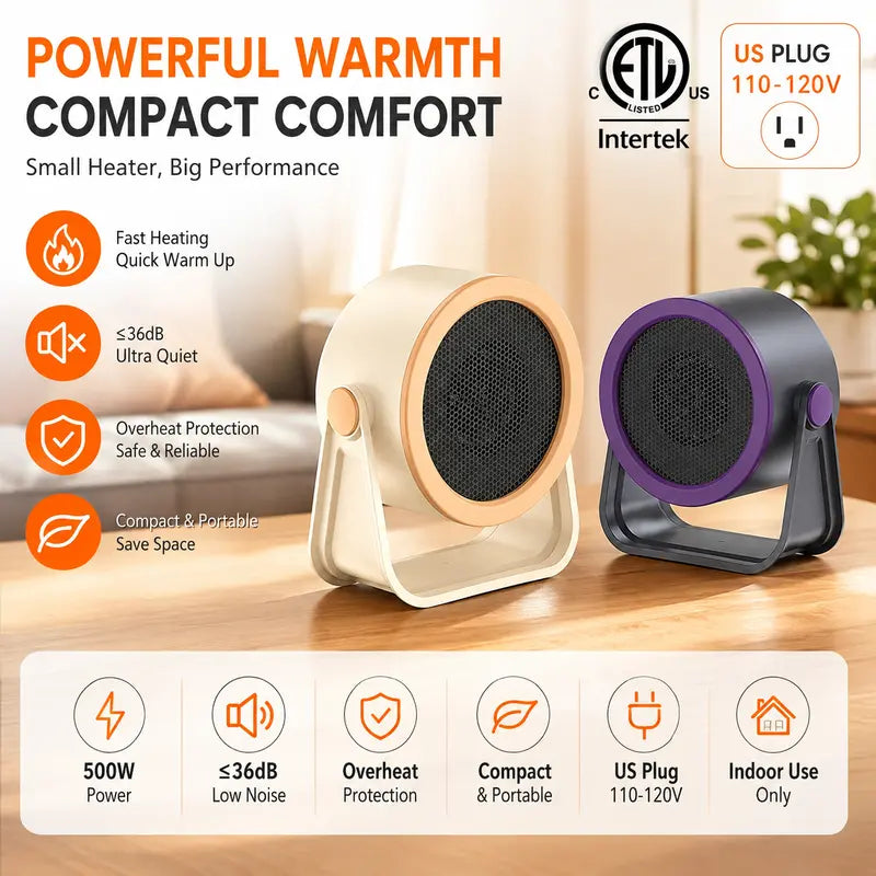 🔥 500W Compact Desk Heater — Adjustable Warmth for Cozy Workdays