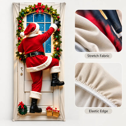 Christmas Door Cover Stretch Fit Santa & Reindeer Door Decoration with 4-Side Elastic Edges 🎅