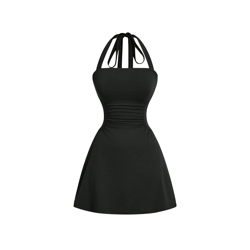 Women's Plain Ruched Tie Back Halter Neck Dress, Casual Chic Sleeveless A Line Short Dress👗