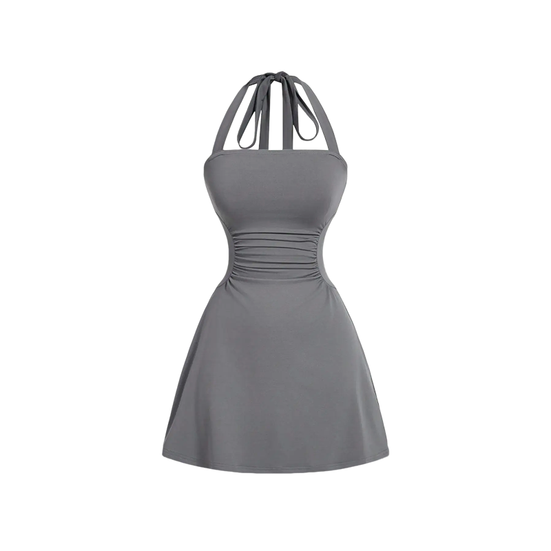 Women's Plain Ruched Tie Back Halter Neck Dress, Casual Chic Sleeveless A Line Short Dress👗