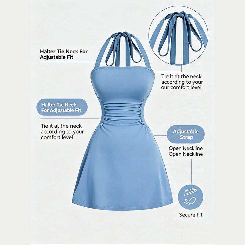 Women's Plain Ruched Tie Back Halter Neck Dress, Casual Chic Sleeveless A Line Short Dress👗