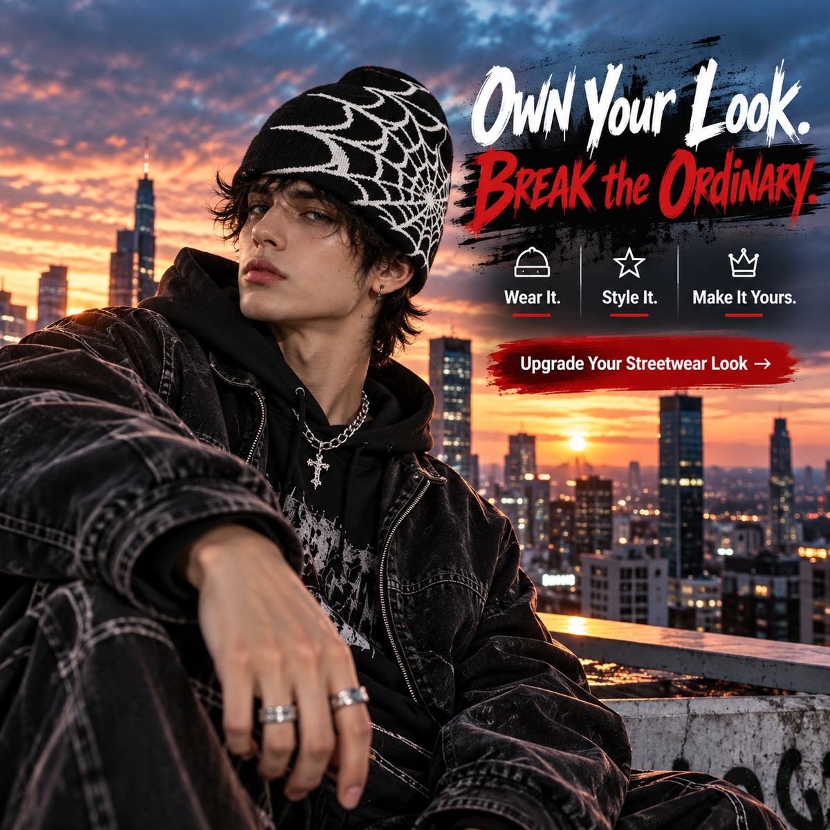 🕸️ SpiderWeb Gothic Knit Beanie – Y2K Streetwear Hat with Bold Spider Web Design