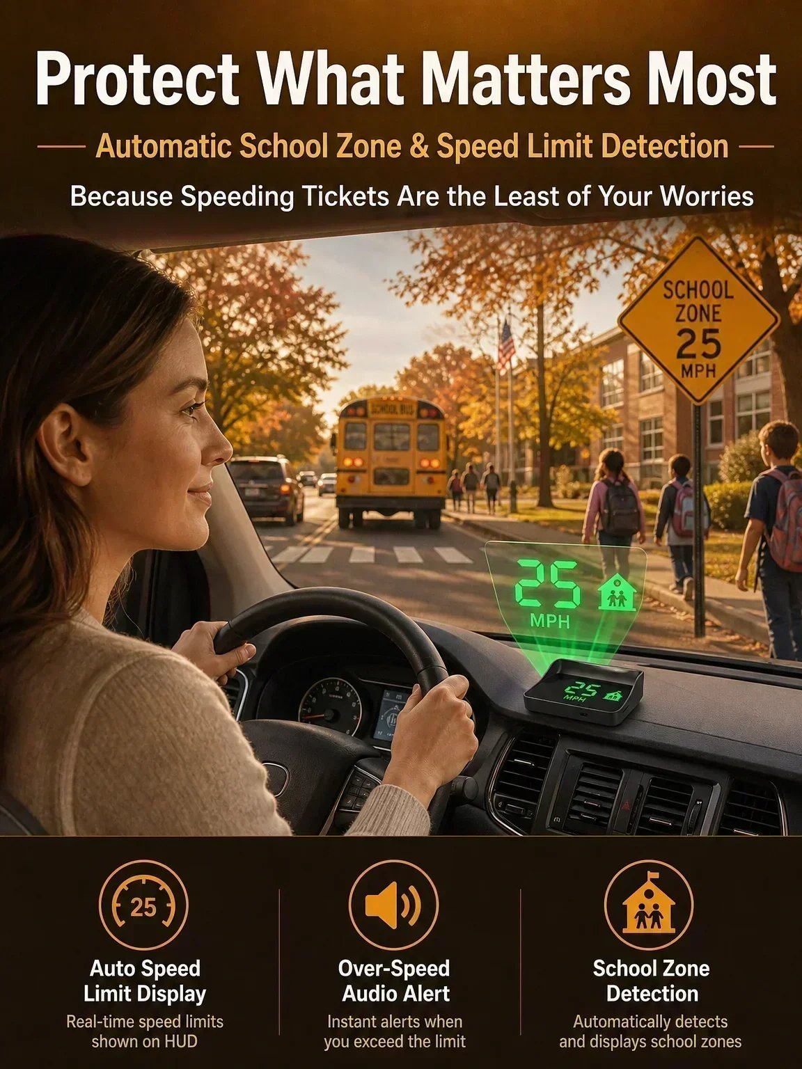 🚗Head-Up Display Car GPS Digital Speedometer – Traffic Light Countdown & Red Light Camera Alert HUD, Universal Driver Safety Warning Device to Avoid Tickets for City Driving