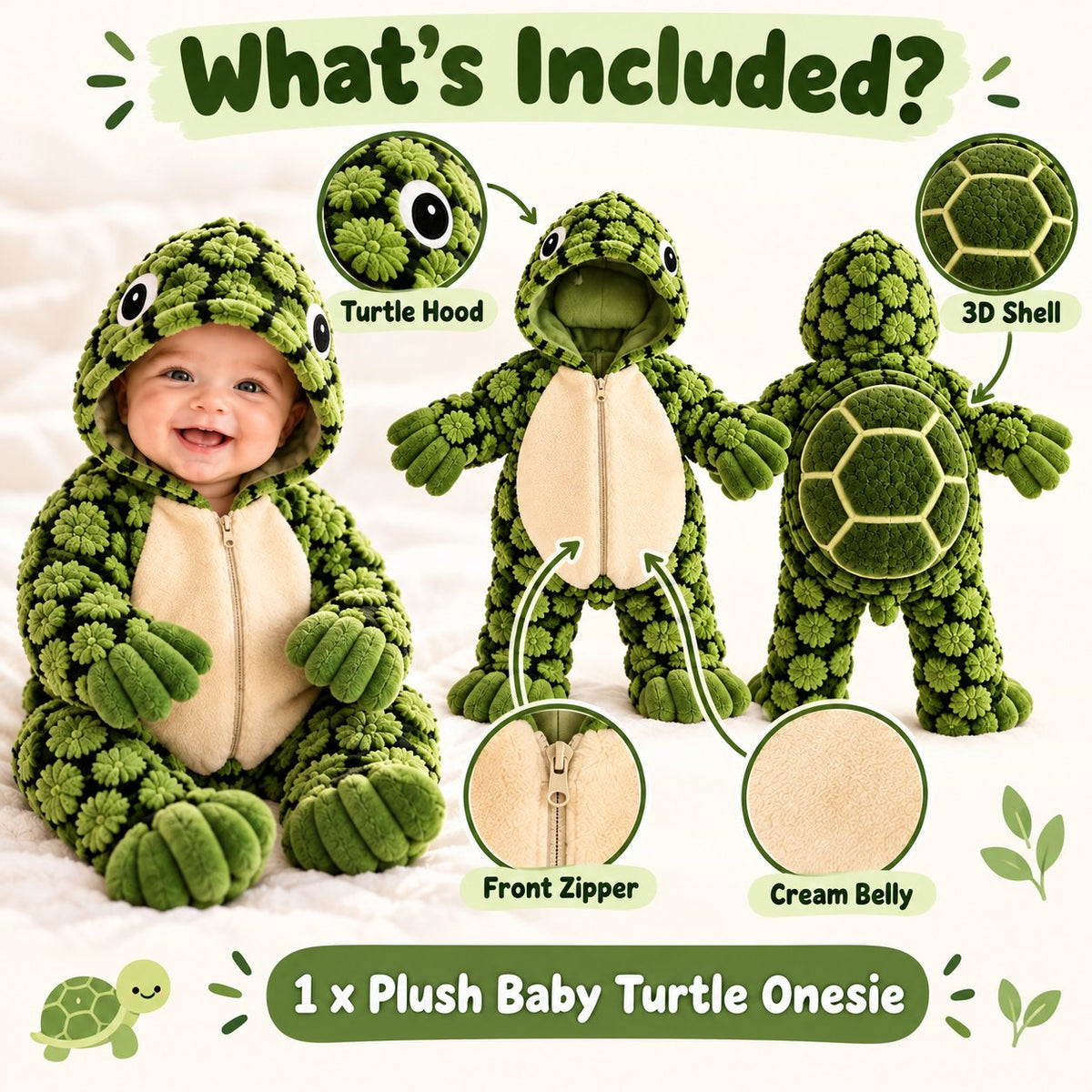 Little Turtle Plush 3D Shell Baby Onesie – Cute Hooded Cozy Romper！！！